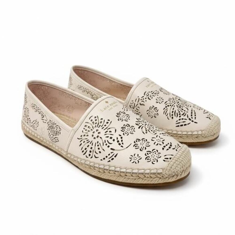 Kate Spade New York Gwen Perforated Floral Espadrille Flats Ivory 10B Boho‎ Chic